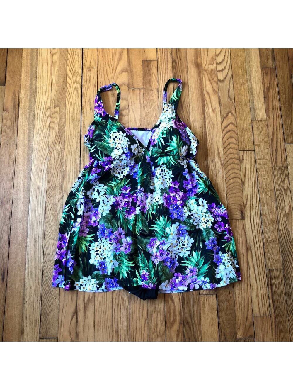 Shapesolver NWT Women's Fly Away Black Purple Floral Bathing Suit Size 22W
